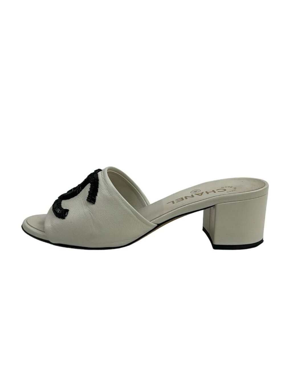 Chanel Mules White Beads CC Logo Leather